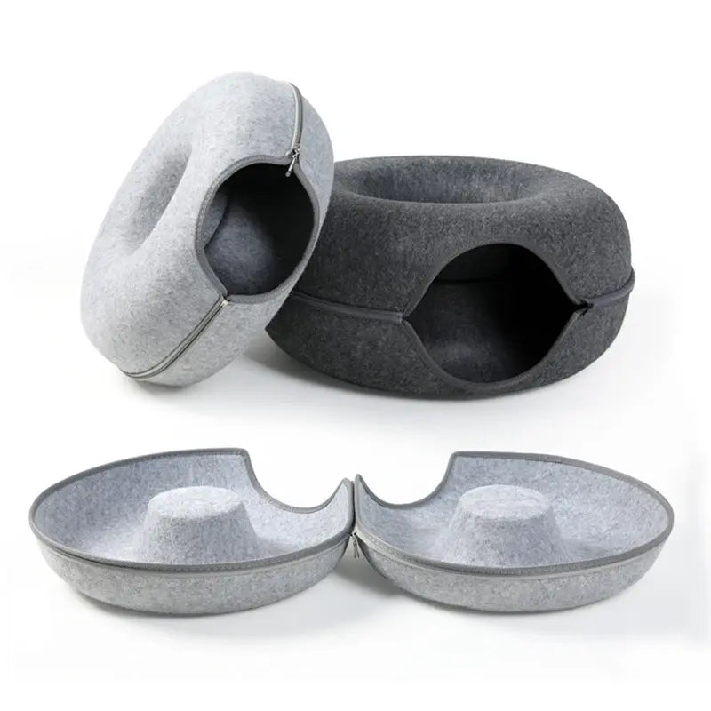 Felt Cat Tunnel & Cave Bed - Scratch-Resistant & Washable Donut Design