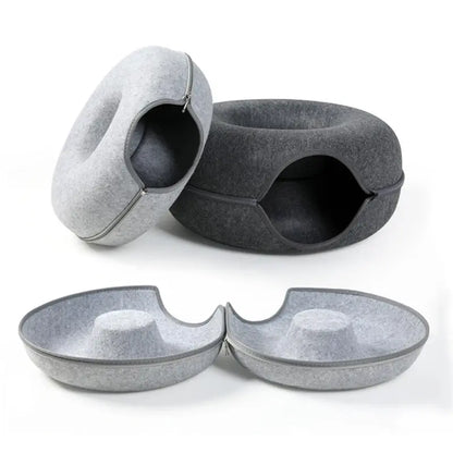 Felt Cat Tunnel & Cave Bed - Scratch-Resistant & Washable Donut Design