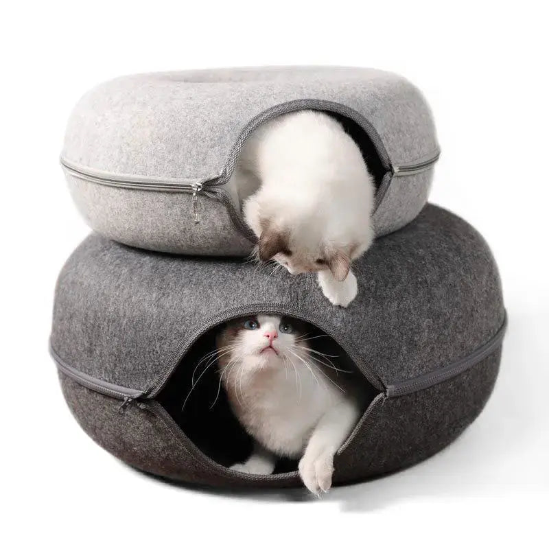 Felt Cat Tunnel & Cave Bed - Scratch-Resistant & Washable Donut Design
