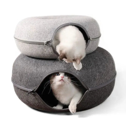 Felt Cat Tunnel & Cave Bed - Scratch-Resistant & Washable Donut Design