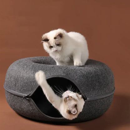 Felt Cat Tunnel & Cave Bed - Scratch-Resistant & Washable Donut Design