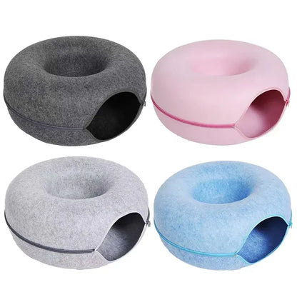 Felt Cat Tunnel & Cave Bed - Scratch-Resistant & Washable Donut Design