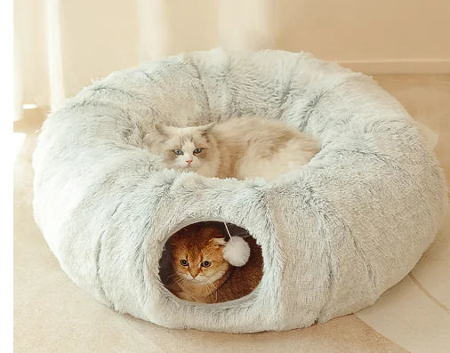 2-in-1 Cat Tunnel Bed: Plush Donut Tunnel & Cozy Sleep Space